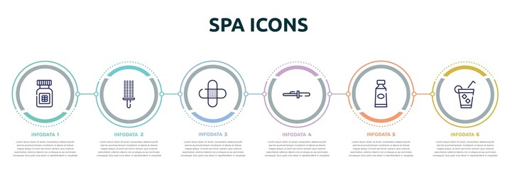 spa icons concept infographic design template. included proteins, circular comb, band aid, curling tongs, toothpaste, ice tea icons and 6 option or steps.