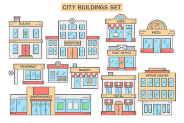 City buildings set. Urban architecture elements. Bank, hospital, cafe, pizza, pharmacy, bus stop, bakery, post office, hotel and suprrmarket. Vector illustration EPS 10.