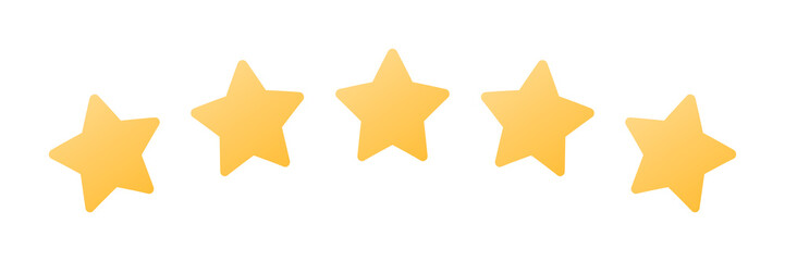 Rating sticker icon with five gold stars on a white background. Flat design. White background. Isolated vector icon. Vector gold background. Vector graphics.
