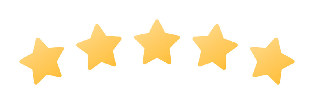 Rating sticker icon with five gold stars on a white background. Flat design. White background. Isolated vector icon. Vector gold background. Vector graphics.