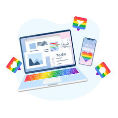 Pride Month vector illustration with smartphone, laptop and social media icons in rainbow colors LGBT colors on abstract background