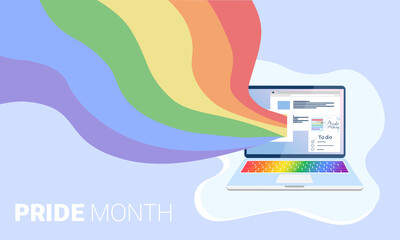 Pride Month flat vector illustration laptop and abstract flag in Lgbt rainbow colors on abstract background