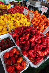 Selection of Hot Peppers for Sale at a Farmers Market