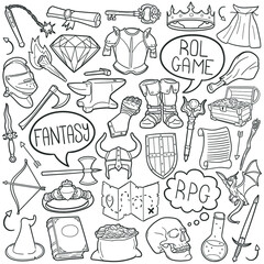 Role Doodle Icons. Hand Made Line Art. Fantasy Clipart Logotype Symbol Design.