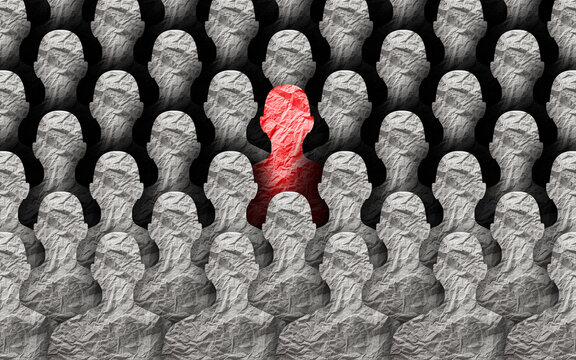 Top view of grey crowd of identical people and special one man, difference and diversity concept.