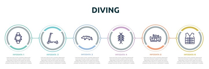 diving concept infographic design template. included diving watch, scooter, badger, silverfish, underwater photography, lifejacket icons and 6 option or steps.