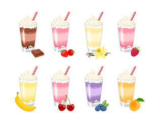 Milkshake set. Vector cartoon illustration of sweet vanilla, chocolate, blueberry, raspberry, cherry, apricot, banana, and strawberry cocktail with whipped cream in glass cup. Summer drink flat icon.