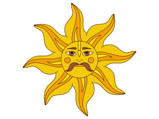 Sun with face and mustache. Vector illustration. Hindu God Surya.