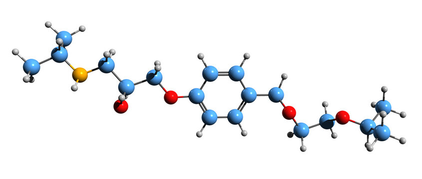  3D image of Bisoprolol skeletal formula - molecular chemical structure of beta blocker medication isolated on white background
