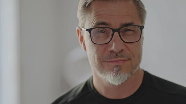 Portrait of mature age, middle age, mid adult casual man, happy smiling. Glasses, gray hair beard.