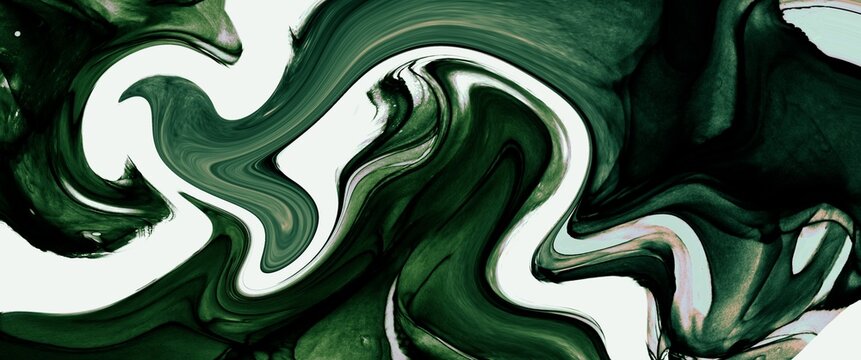 Fluid Art Painting With Green Accent And Gold Design Paths, Luxury Wall Art With Wide Format, High Definition Illustration For Print, Emerald Green