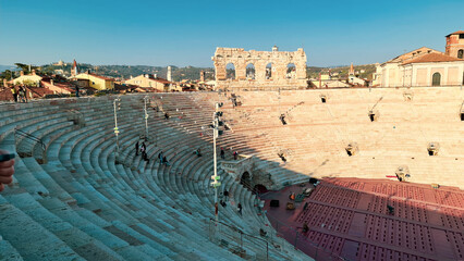 Verona, Italy - March 19, 2022: Beautiful photography of the Arena at Piazza Brà in Verona,  a...