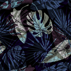 Night tropical leaves seamless pattern on black background. Vintage jungle foliage in engraving style.
