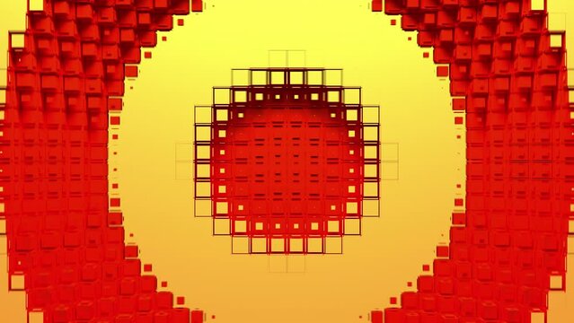 Red voxel circle holes and yellow rings diverge from the center of screen. Abstraction on green chroma key, 3D animated intro.