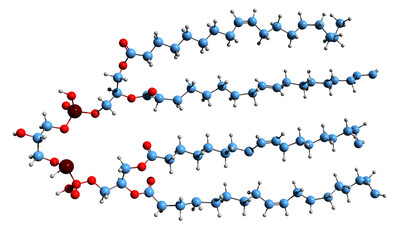 3D image of Cardiolipin skeletal formula - molecular chemical structure of  mitochondrial membrane component isolated on white background
