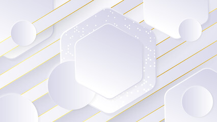 Abstract luxury white and gold shapes background with hexagons