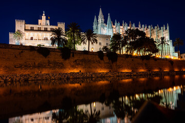 Fototapeta na wymiar Horizontal photograph of the Royal Palace of La Almudaina and the basilica cathedral of Santa Maria de Mallorca from an artificial lake at night