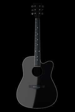 Close-up of acoustic guitar isolated on black background.