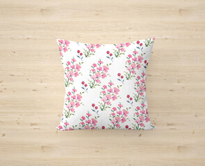 Beautiful watercolor wild floral pillow cover in pink flower and red cherry fruit	
