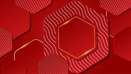 Luxury red and gold design background with abstract shapes and hexagon lines