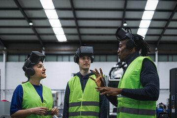 Team of engineers having simulation experience with futuristic virtual reality glasses