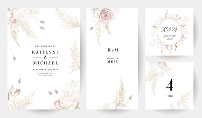 Pampas grass vector design frames. Wedding watercolor neutral nude colored flowers.