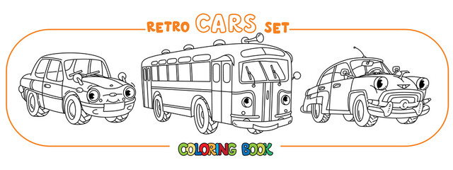Naklejka premium Funny small retro cars with eyes coloring book set