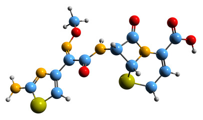 3D image of Ceftizoxime skeletal formula - molecular chemical structure of third-generation cephalosporin isolated on white background
