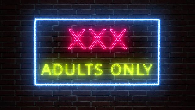 Neon adult only entertainment sign shop and strip club on dark brick wall