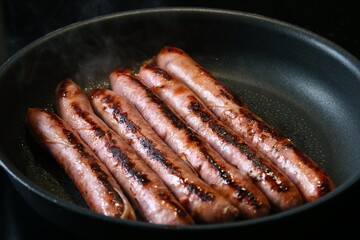 Saucisses qui grillent dans une poêle.
