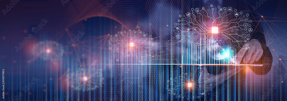 Poster data science, businessman and artificial intelligence ai, digital technology concept. businessman wo