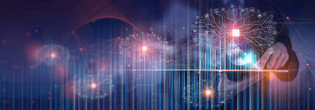 Data science, Businessman and Artificial Intelligence AI, Digital Technology concept. Businessman working digital tabletcomputer and big data, global internet network.