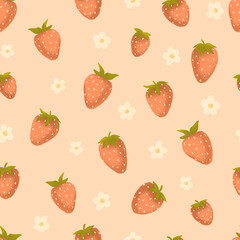 Seamless pattern of strawberries and flowers. Hand drawn berries and bloom.