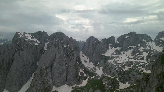 Flying over mountain valley of Karanfil group, Albanian Alps on the border of Montenegro