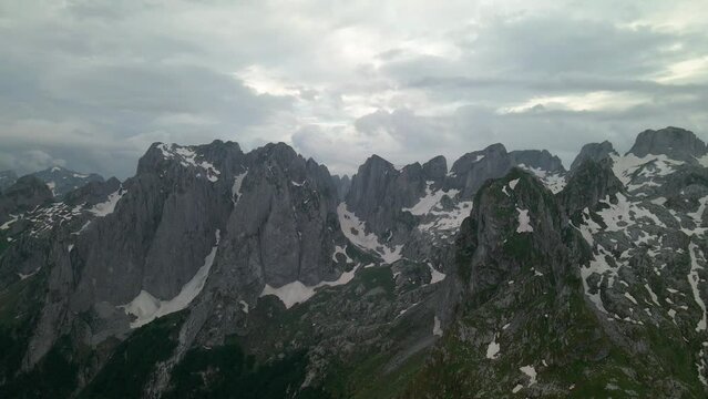 Flying over mountain valley of Karanfil group, Albanian Alps on the border of Montenegro
