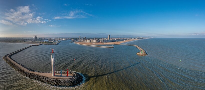 Drone panorama over the harbor and skyline of the Belgian city of Oostende