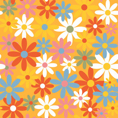 Fototapeta na wymiar Vector retro colorful seamless pattern with daisy flowers. Groovy print with chamomile flowers, flat style. 70s hippie aesthetic, vintage floral background. 