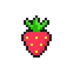 Sweet pixel strawberry. Red berry with yellow seeds and green tail. Natural summer dessert and 8bit vector game element