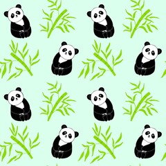 Seamless painting with sitting cute panda and bamboo, illustration