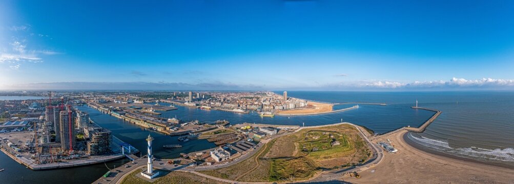 Drone panorama over the harbor and skyline of the Belgian city of Oostende