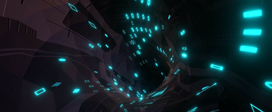 Techno tunnel funnel with cyber backlight. Neon glowing abstract wormhole in 3d render digital blue twirl. Futuristic subspace acceleration portal tracery. Curved geometric warp jump hole