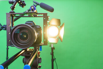 camera,microphone, lights and a green screen