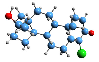  3D image of Chlorodehydromethyltestosterone skeletal formula - molecular chemical structure of CDMT isolated on white background

