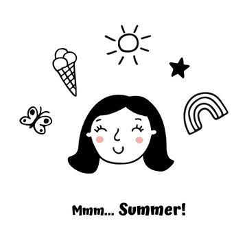 Happy girl with elements around - butterfly, ice cream, rainbow, star, sun. Mmm... Summer lettering. Doodle line style illustration. 