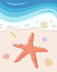 Postcard, background of beach scene with starfish and seashels in ocean waves.