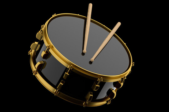 Realistic drum and wooden drum sticks on black. 3d render of musical instrument