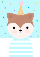 Cute funny fox with party hat, illustration for nursery design, poster, birthday greeting cards.
