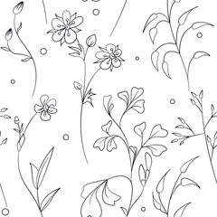 Seamless field flowers and grasses elements vector pattern