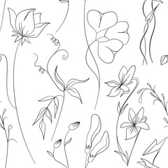 Seamless field flowers and grasses elements vector pattern