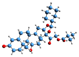  3D image of Ciclesonide skeletal formula - molecular chemical structure of  glucocorticoid isolated on white background
